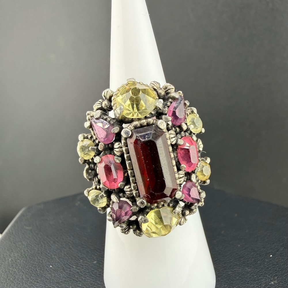Vintage Hollycraft Ring Silver Tone Rhinestone Cocktail Adjustable Size 6.25